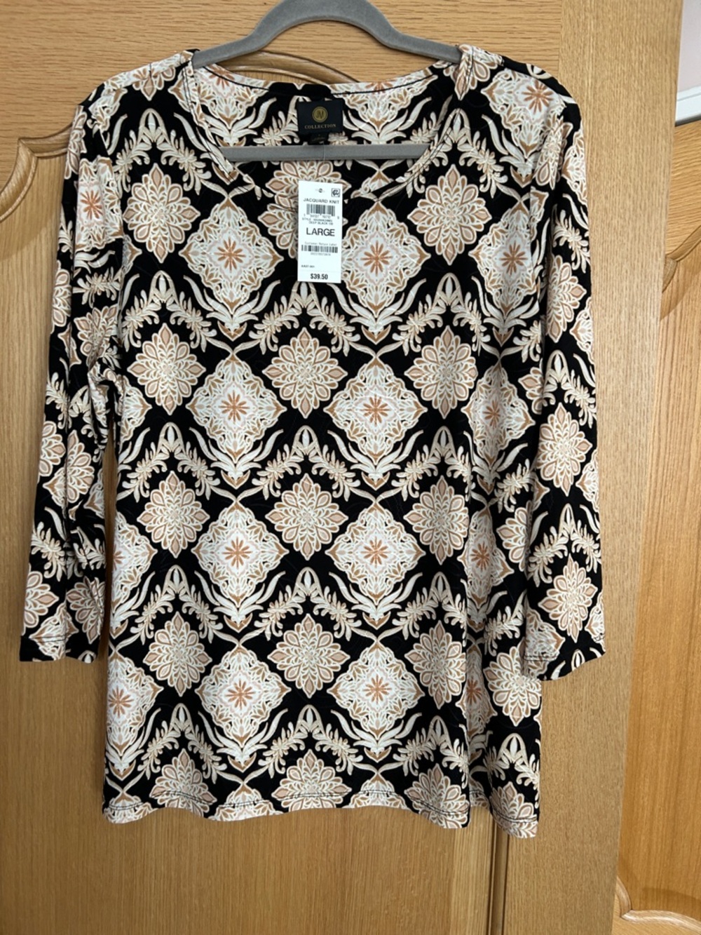 JM Collection Black Long-Sleeve Top with Cream and Tan Medallion Print